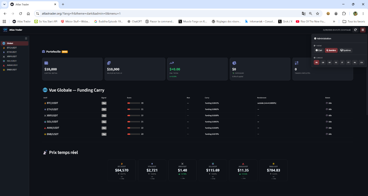 atlastrader : récolte de funding rate en delta-neutre (paper trading)